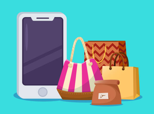 Big smartphone next to shopping bags vector illustration. Cartoon drawing of huge mobile phone and stylish bags on blue background. Online shopping, mystery shopping apps, modern technology, e-commerce concept
