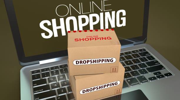 3D Visual Design of dropshipping boxed on a laptop with online shopping on the screen.