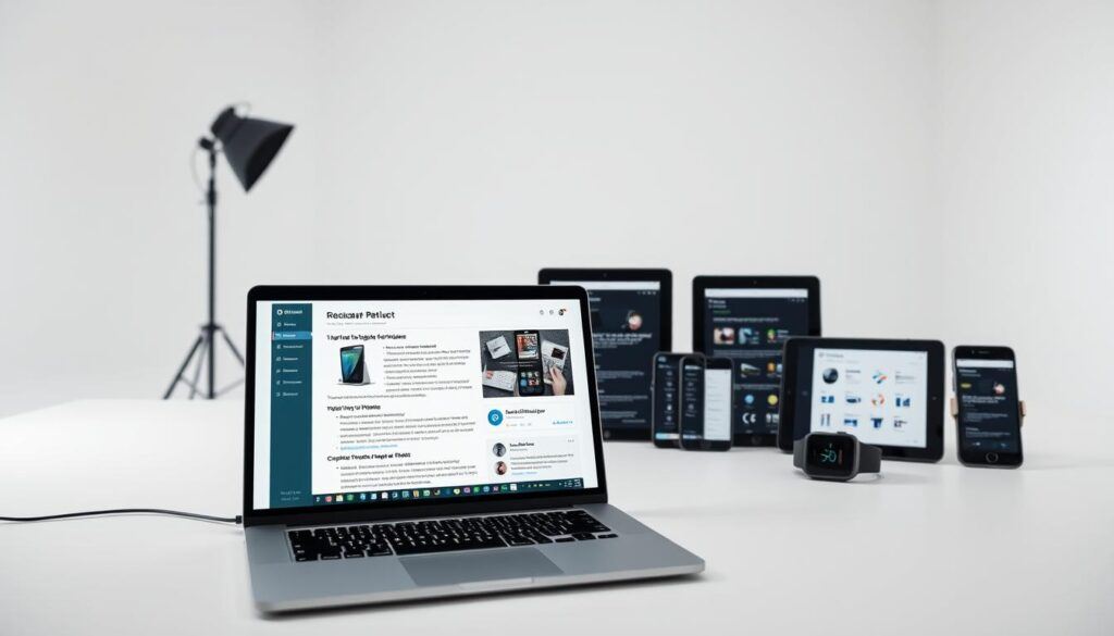 Whop Review - A modern, minimalist digital product review scene. In the foreground, a laptop displays a detailed review of a digital product, showcasing its features and benefits. The middle ground features an array of digital devices - tablets, smartphones, and a smartwatch - each displaying various product information. The background has a clean, white studio setup with soft, diffused lighting, creating a professional, authoritative atmosphere. The overall composition conveys a sense of expertise, credibility, and in-depth analysis of the digital product being reviewed.