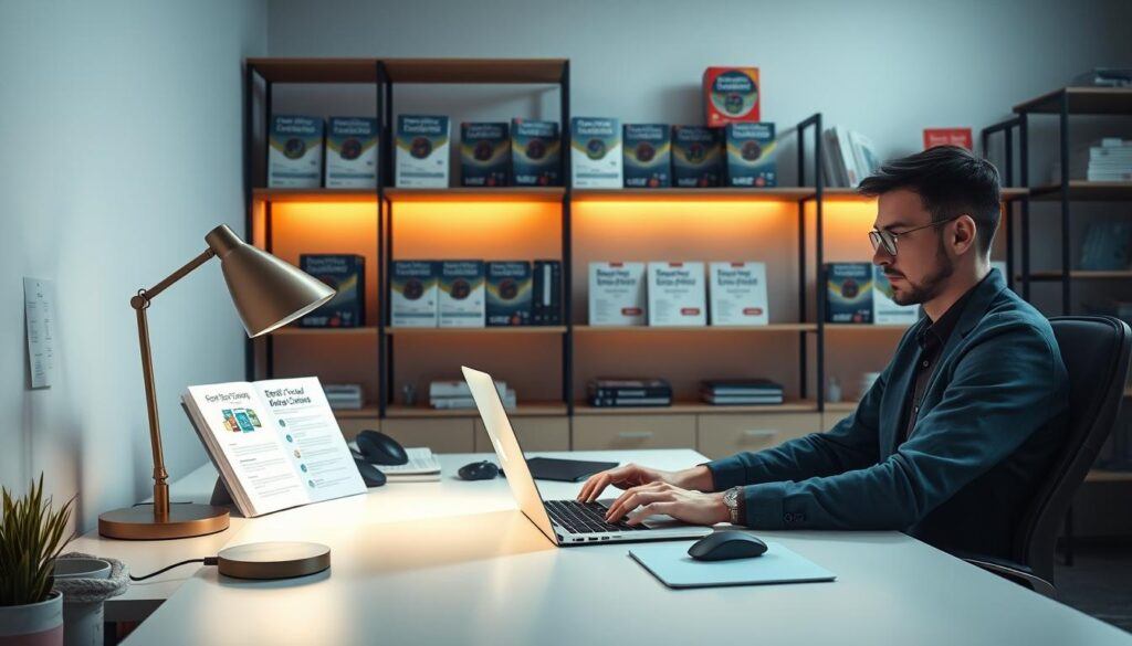 A modern, minimalist office scene with a professional working on a laptop, surrounded by a variety of digital products such as eBooks, online courses, graphics, and software. The lighting is soft and warm, creating a focused, productive atmosphere. The desk is clean and organized, with a mouse, keyboard, and a stylish desk lamp. In the background, there are shelves displaying various digital product packages, emphasizing the idea of selling digital content. The overall mood is one of efficiency, professionalism, and the potential for financial success through digital entrepreneurship.